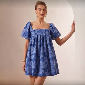 L'Amorae Floral Puff Sleeve Dress in Blue